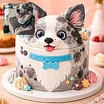 A charming dog with striking blue eyes lounges on a couch, tongue out in a happy pant, wearing a black harness and a blue bone-shaped tag. The background is softly blurred with a purple wall, making the dog the clear star of this cozy indoor scene.