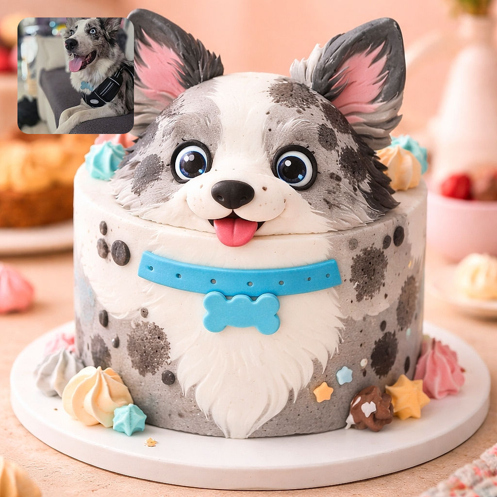 A charming dog with striking blue eyes lounges on a couch, tongue out in a happy pant, wearing a black harness and a blue bone-shaped tag. The background is softly blurred with a purple wall, making the dog the clear star of this cozy indoor scene.