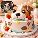 A cute small dog with a white and brown coat sitting attentively on a patterned rug, looking up with soulful eyes in a cozy indoor setting with tiled floor and household items in the background.