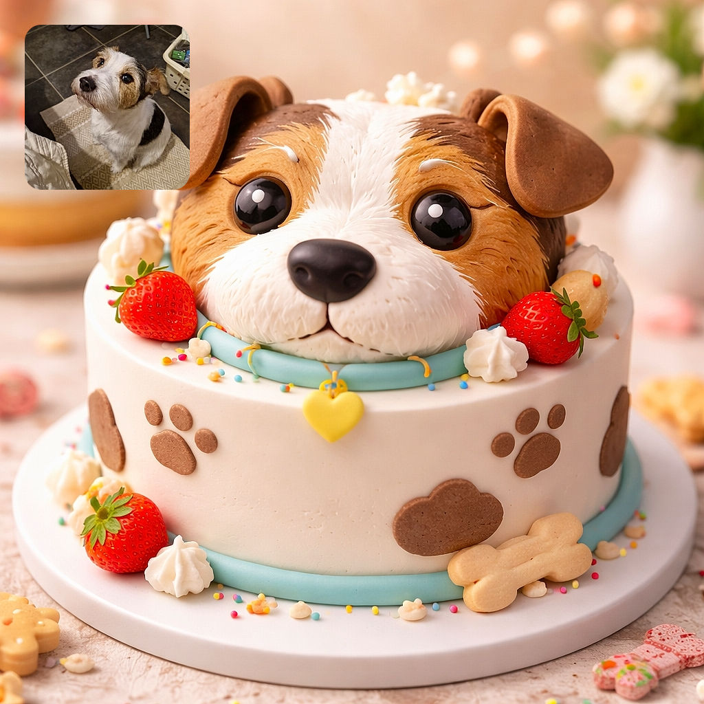 A cute small dog with a white and brown coat sitting attentively on a patterned rug, looking up with soulful eyes in a cozy indoor setting with tiled floor and household items in the background.