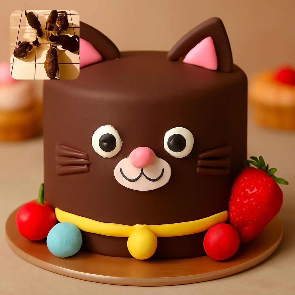 Six cats gathered in a circle on a tiled floor, focused intently on a yellow bowl of food in the center. Their shadows stretch across the floor, creating a cozy and slightly mysterious feeding time scene.