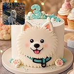 A fluffy white dog sits proudly on a sunny sidewalk, looking like a tiny cloud who has been promoted to neighborhood security captain. Spring blossoms, leafy shrubs, and a parked car create a cheerful outdoor backdrop.