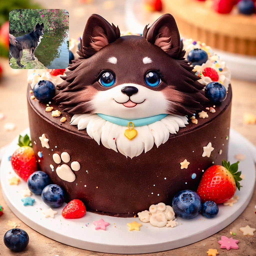 A majestic black dog with striking blue eyes stands alert at the edge of a pond, surrounded by lush greenery and vibrant pink flowers reflected in the water, ready for an adventure or maybe just a splash.