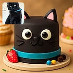 A sleek black cat with striking green eyes and a blue collar sits regally on a wooden surface, staring curiously at the camera with a plain wall and a power outlet in the background.