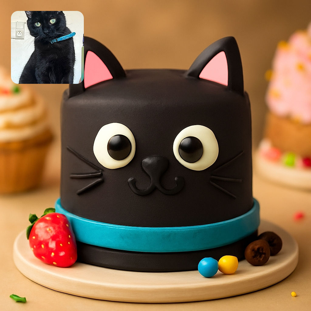 A sleek black cat with striking green eyes and a blue collar sits regally on a wooden surface, staring curiously at the camera with a plain wall and a power outlet in the background.