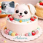 A fluffy white dog named Adora lounges on a couch with a slightly mischievous expression, showing a tiny toothy grin. The background is simple with a dark couch and a pillow, and the photo has a cozy indoor vibe. The name 'Adora' is elegantly overlaid in the bottom left corner.