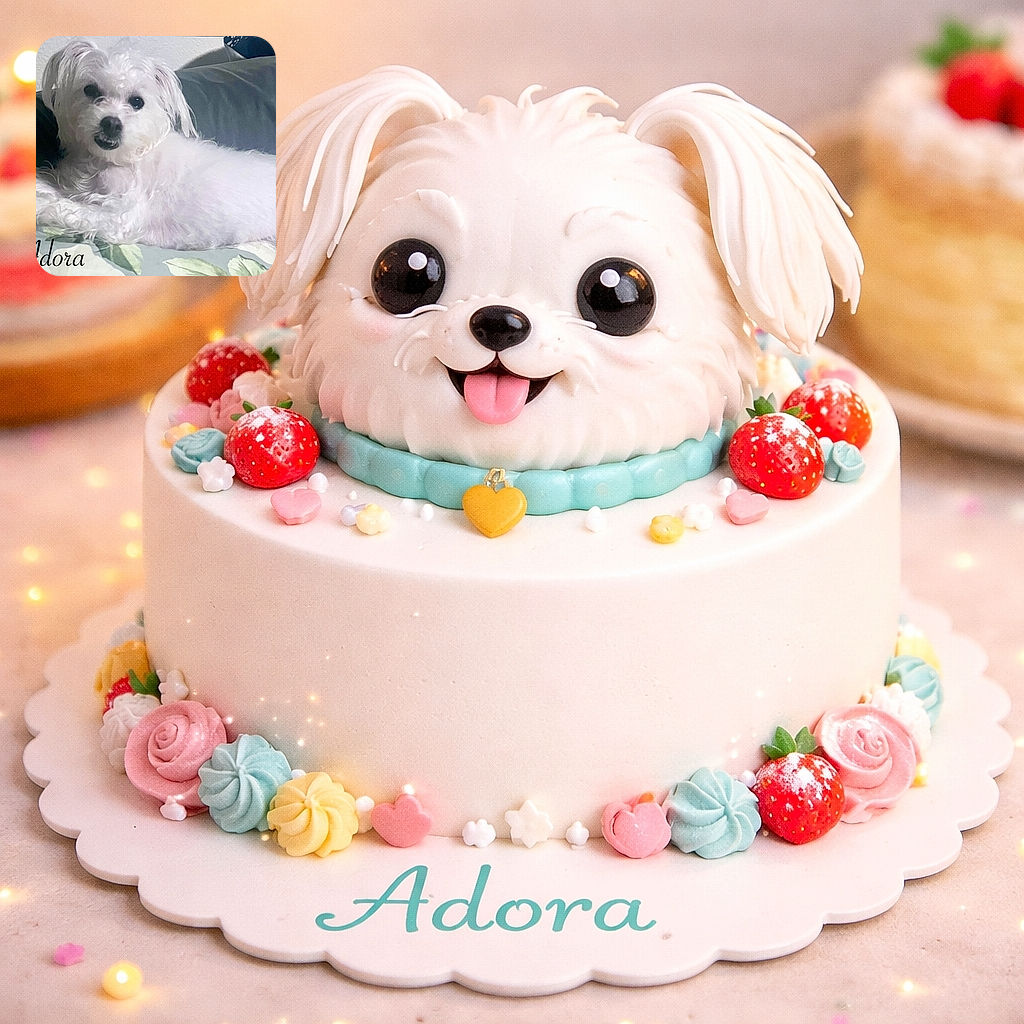 A fluffy white dog named Adora lounges on a couch with a slightly mischievous expression, showing a tiny toothy grin. The background is simple with a dark couch and a pillow, and the photo has a cozy indoor vibe. The name 'Adora' is elegantly overlaid in the bottom left corner.