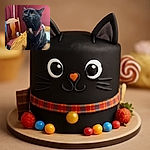 A charming black cat with a white patch on its chest sits attentively on a wooden table, wearing a red collar with a bell and a plaid bowtie, looking up with wide, curious eyes against a cozy indoor backdrop with warm red walls and wooden chairs.