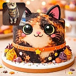 A wide‑eyed tortoiseshell cat posing like it owns the day, wearing a celebratory bandana that reads "Happy Gotcha Day!" — ears perked, whiskers on point, front paws neatly together on a shiny wooden desk while office supplies and a storage bin photobomb the background.