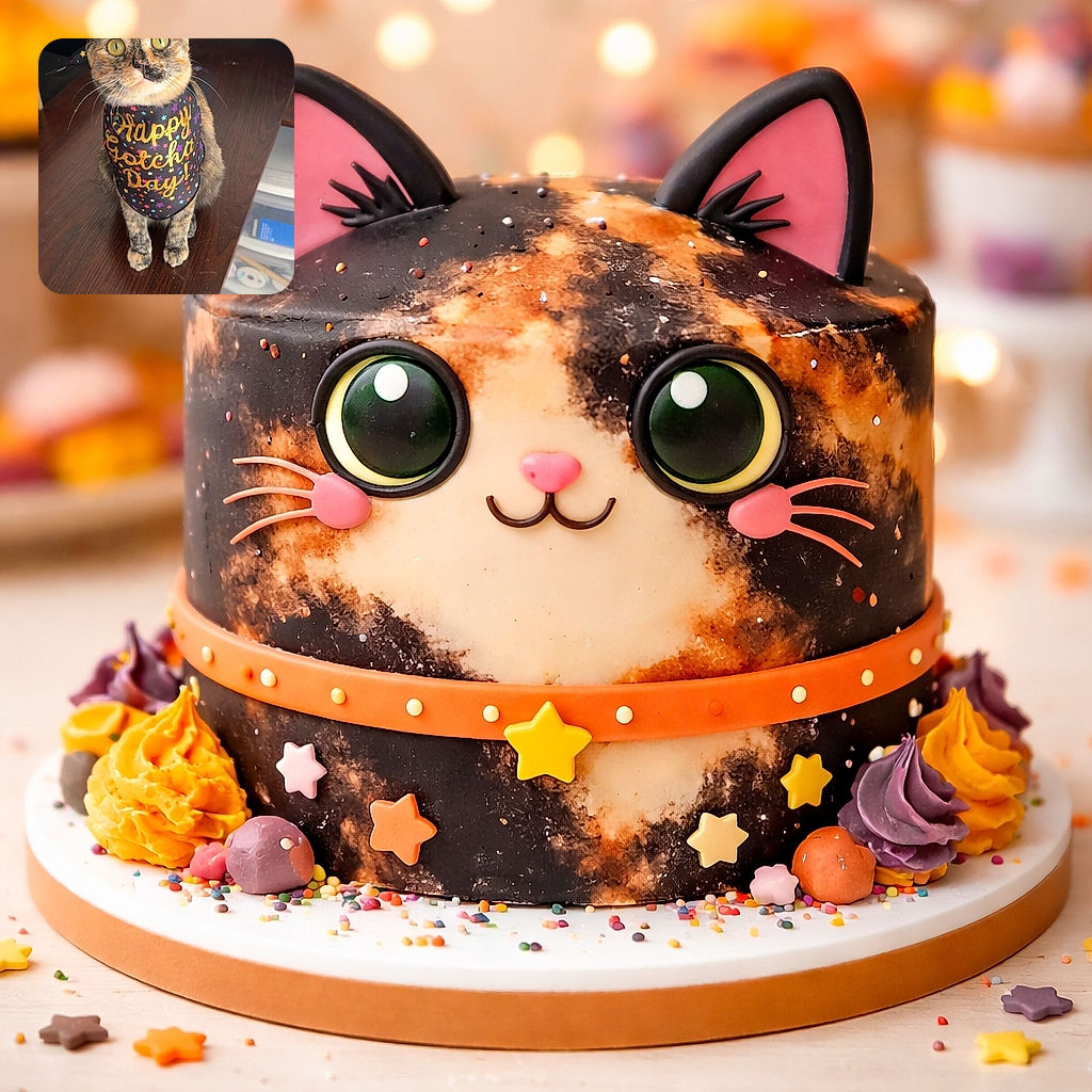 A wide‑eyed tortoiseshell cat posing like it owns the day, wearing a celebratory bandana that reads "Happy Gotcha Day!" — ears perked, whiskers on point, front paws neatly together on a shiny wooden desk while office supplies and a storage bin photobomb the background.