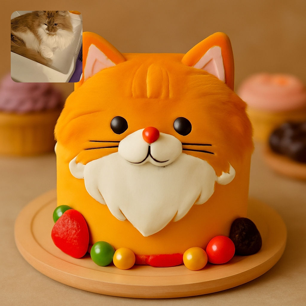A fluffy orange and white cat comfortably lounging in a bathroom sink, surrounded by everyday items like a purple hairbrush, soap dish, and toiletries, looking slightly unimpressed by the situation.