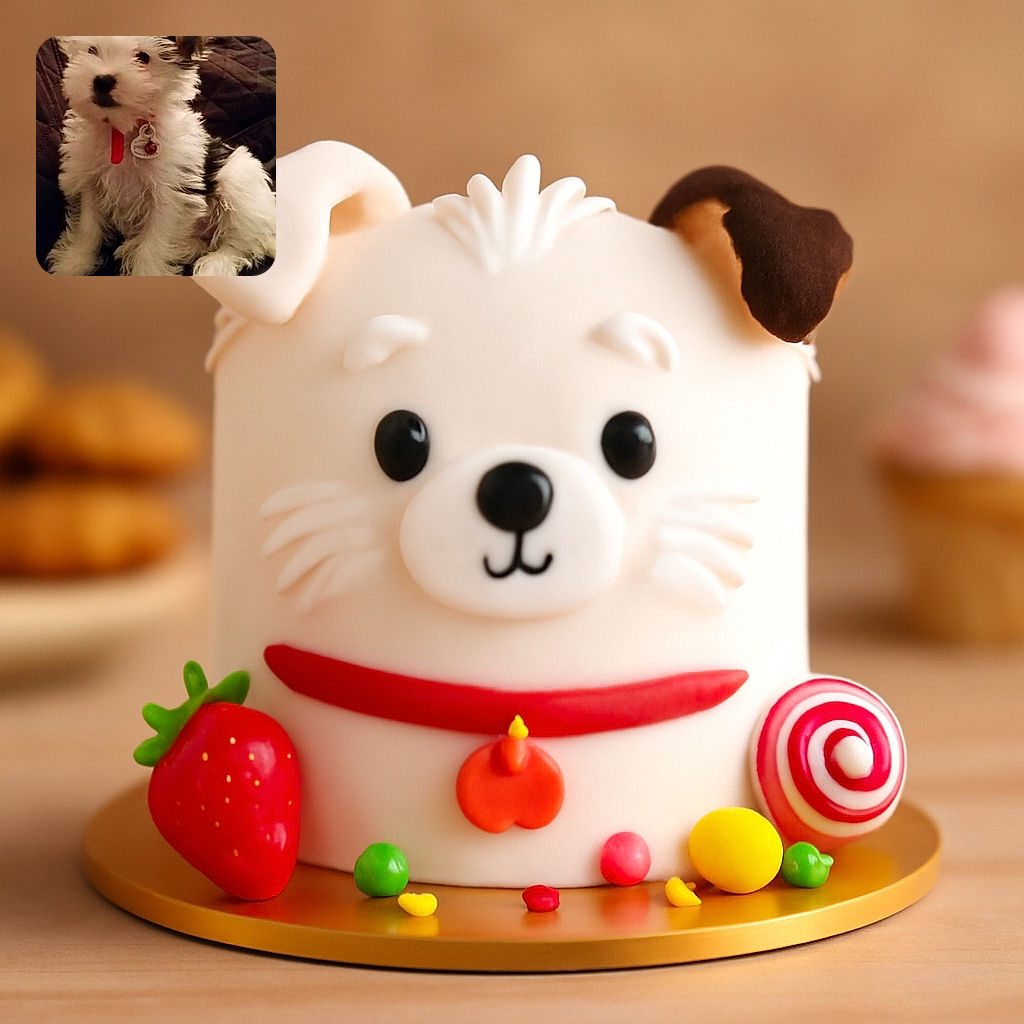 A fluffy little puppy with a red collar and tag sits adorably on a dark quilted blanket, looking slightly off to the side with a curious expression.