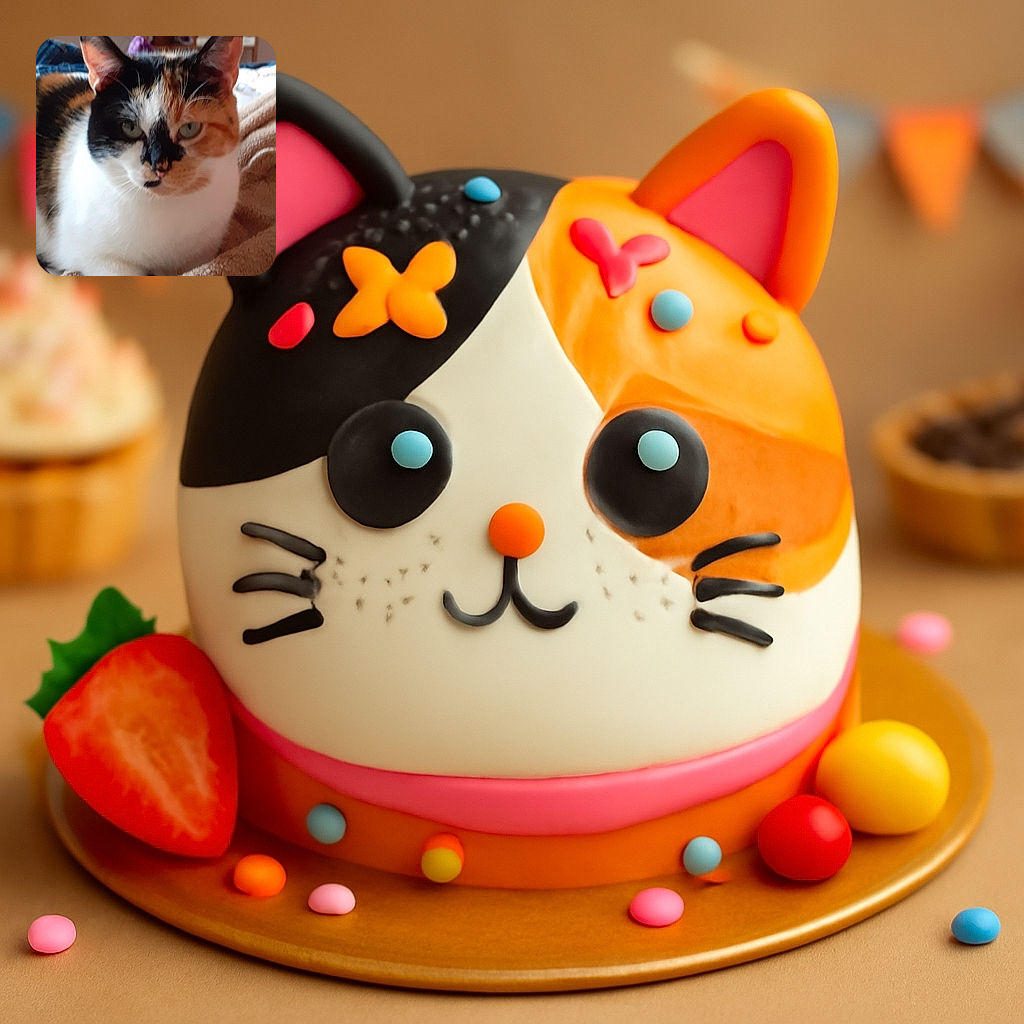 A close-up of a calico cat lounging comfortably on a soft beige blanket with a slightly blurred background showing household items. The cat's fur pattern is striking, with black, white, and orange patches, and it gazes calmly at the camera with a relaxed demeanor.