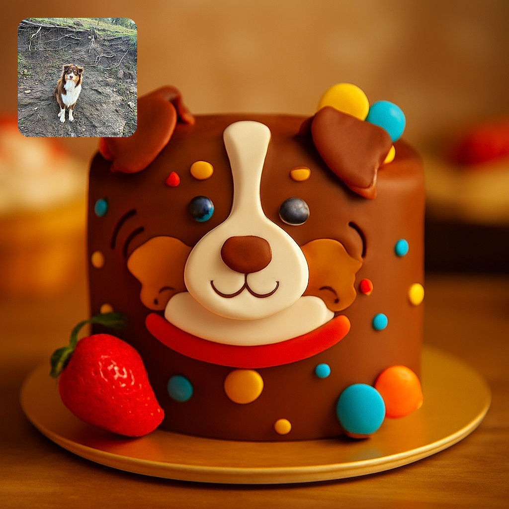 A fluffy brown and white dog sits attentively on a rugged dirt slope with exposed roots and sparse greenery, looking up with curious eyes as if wondering when the next adventure begins.