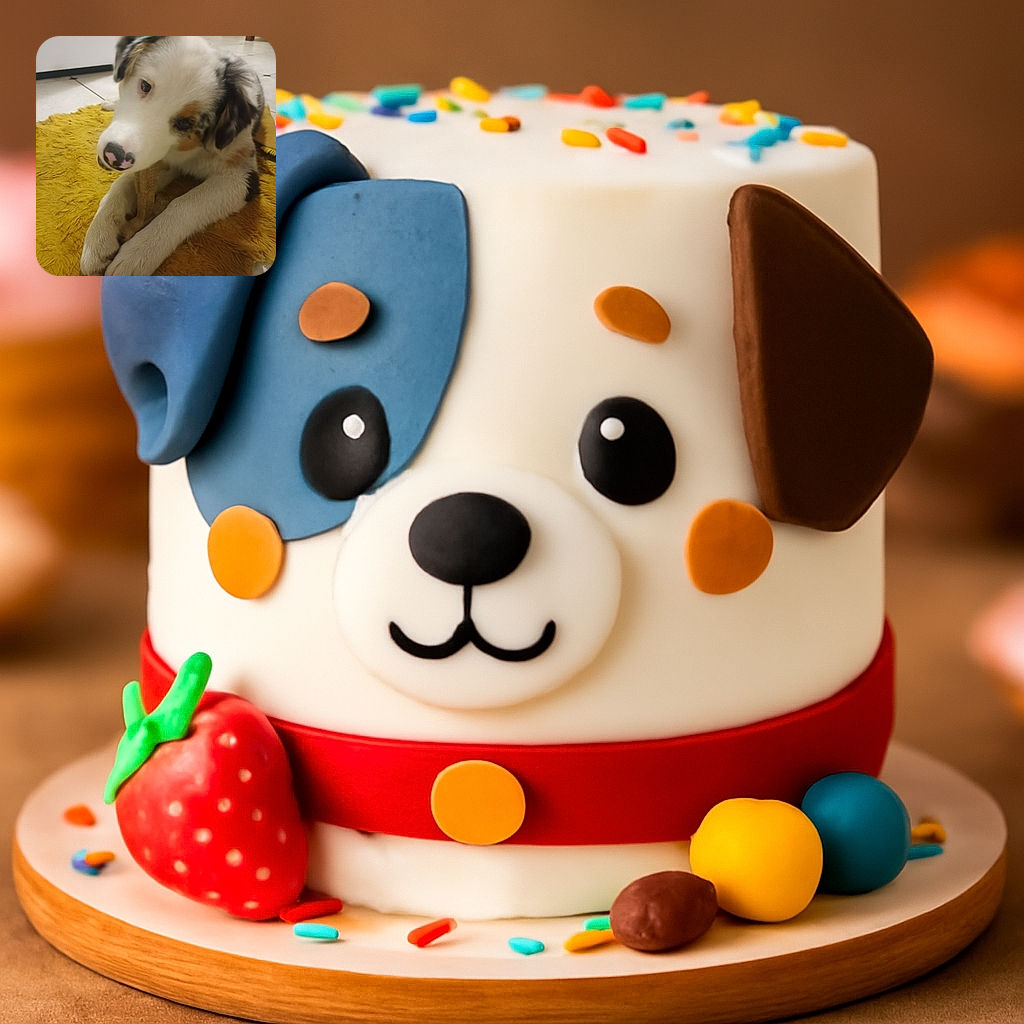 A fluffy puppy with a charming pink and black nose is curiously chewing on a bone while lying on a cozy yellow rug, giving off serious adorable vibes in a homey tiled kitchen setting.