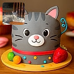 A relaxed gray tabby cat lounges on a wooden table, basking in the warm sunlight streaming through a nearby window. The wooden chair behind it adds a cozy, rustic charm to the scene, while the cat's serene expression suggests it's enjoying a perfect lazy afternoon.