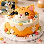 An adorable orange tabby cat stands confidently on a wooden kitchen counter, looking upwards with curiosity and a hint of mischief, surrounded by typical kitchen items and a microwave in the background.