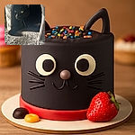 A mysterious black cat peeks out from its cozy grey cat condo, eyes glowing in the soft sunlight filtering through. Its whiskers catch the light, adding a touch of drama to this snug hideaway scene.