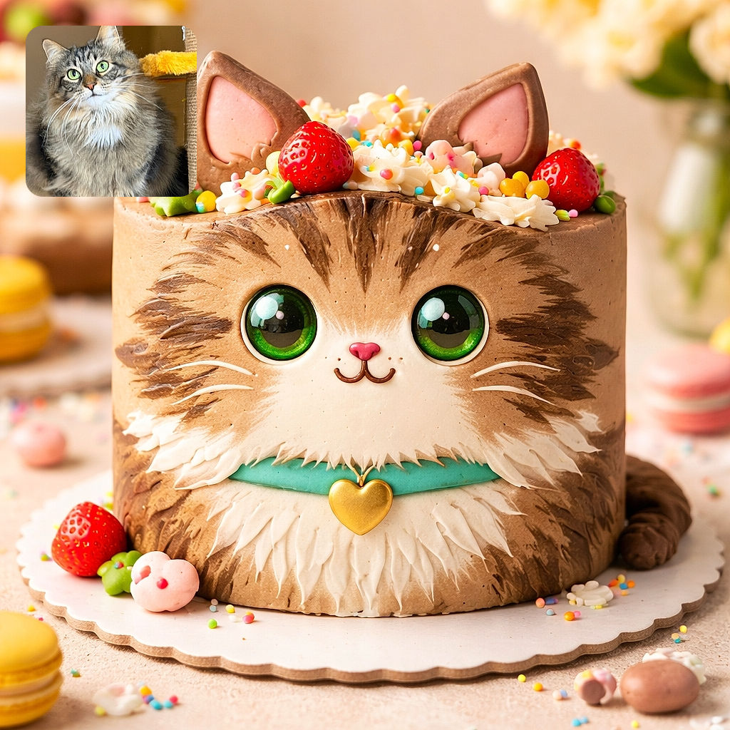 A regal long-haired tabby stares up with huge green eyes and splayed whiskers, mane fluffed to maximum drama — perched on a yellow cat tree like it's silently judging your snack choices.