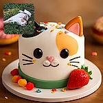 A calico cat is lounging comfortably on a patch of green grass, blending in with the natural surroundings while giving a relaxed and slightly curious look to the camera.