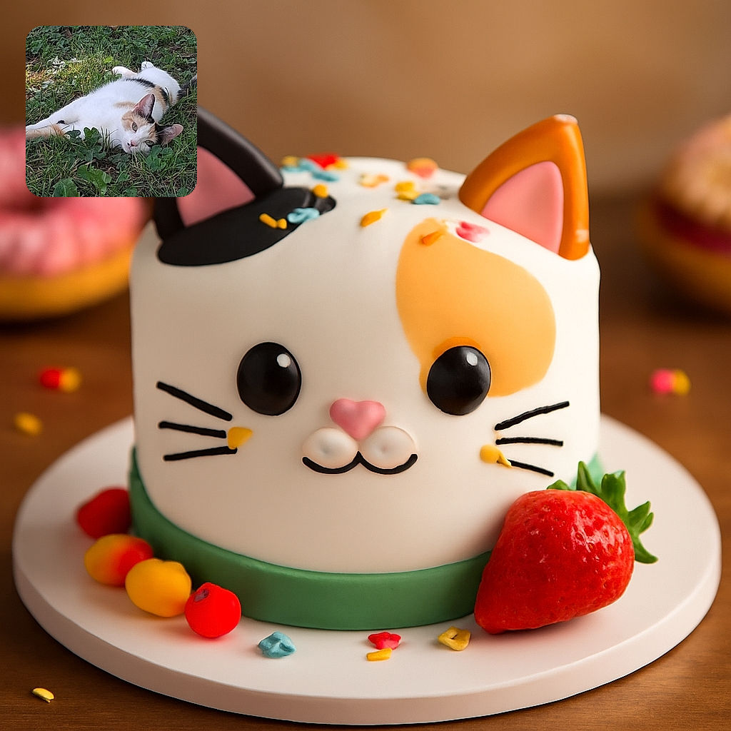 A calico cat is lounging comfortably on a patch of green grass, blending in with the natural surroundings while giving a relaxed and slightly curious look to the camera.