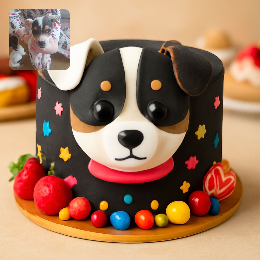 A tiny puppy with adorable big eyes is being held gently by a person wearing colorful pajamas covered in cartoon characters. Another small puppy is visible in the background, sitting on a beige carpet, creating a cozy and playful indoor scene.