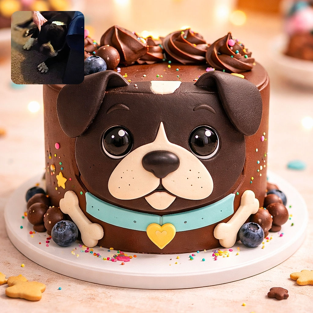 A blurry photo of a black and white dog lying on a carpet, with a hand gently petting its back near a blue piece of furniture. The image is grainy and lacks sharp focus, but the cozy indoor scene is clear.