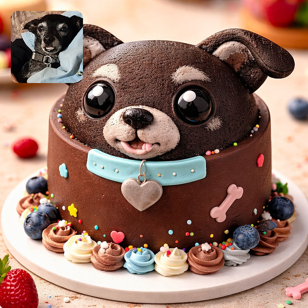 A small black dog with a salt-and-pepper muzzle gives a goofy toothy grin while tucked into a blue shirt — looks like a cozy senior posing for a close-up portrait, collar buckle catching light and a patterned couch behind.