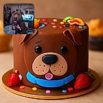 A friendly dog with a blue collar sits happily on a cozy, patterned blanket in a cluttered room, with a TV showing a sports game in the background and a dreamcatcher hanging on the wall.