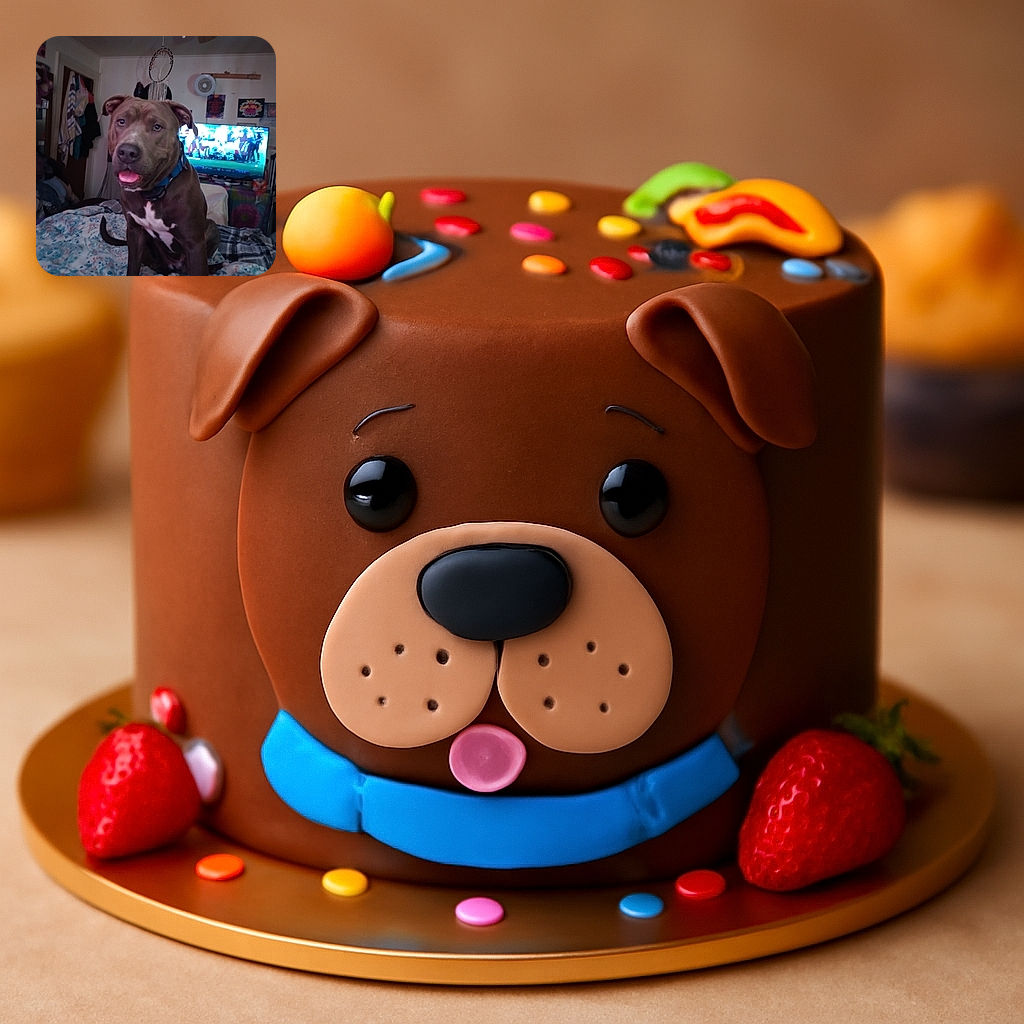 A friendly dog with a blue collar sits happily on a cozy, patterned blanket in a cluttered room, with a TV showing a sports game in the background and a dreamcatcher hanging on the wall.