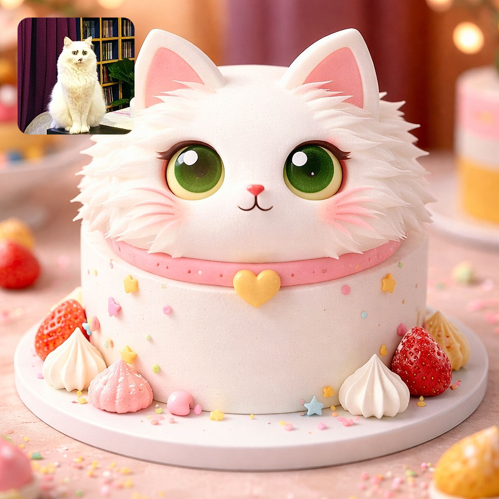 A majestic fluffy white cat perches like the landlord of the living room, staring straight into the camera with big green eyes while purple curtains and a CD-filled bookshelf stage-manage the scene. The cat sits primly on a black table, paws together like a tiny furry butler, and a leafy plant photobombs from the side — cozy, slightly noisy phone-photo charm.