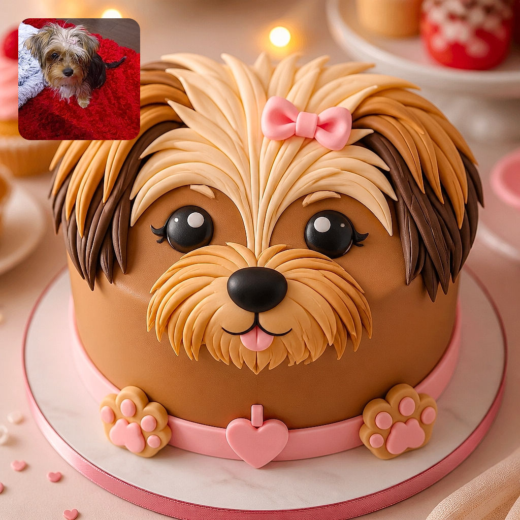 A tiny scruffy dog with a pink hair clip stares into the camera like a glamorous little mop model, lounging proudly on a plush red rug beside a fluffy white cushion.