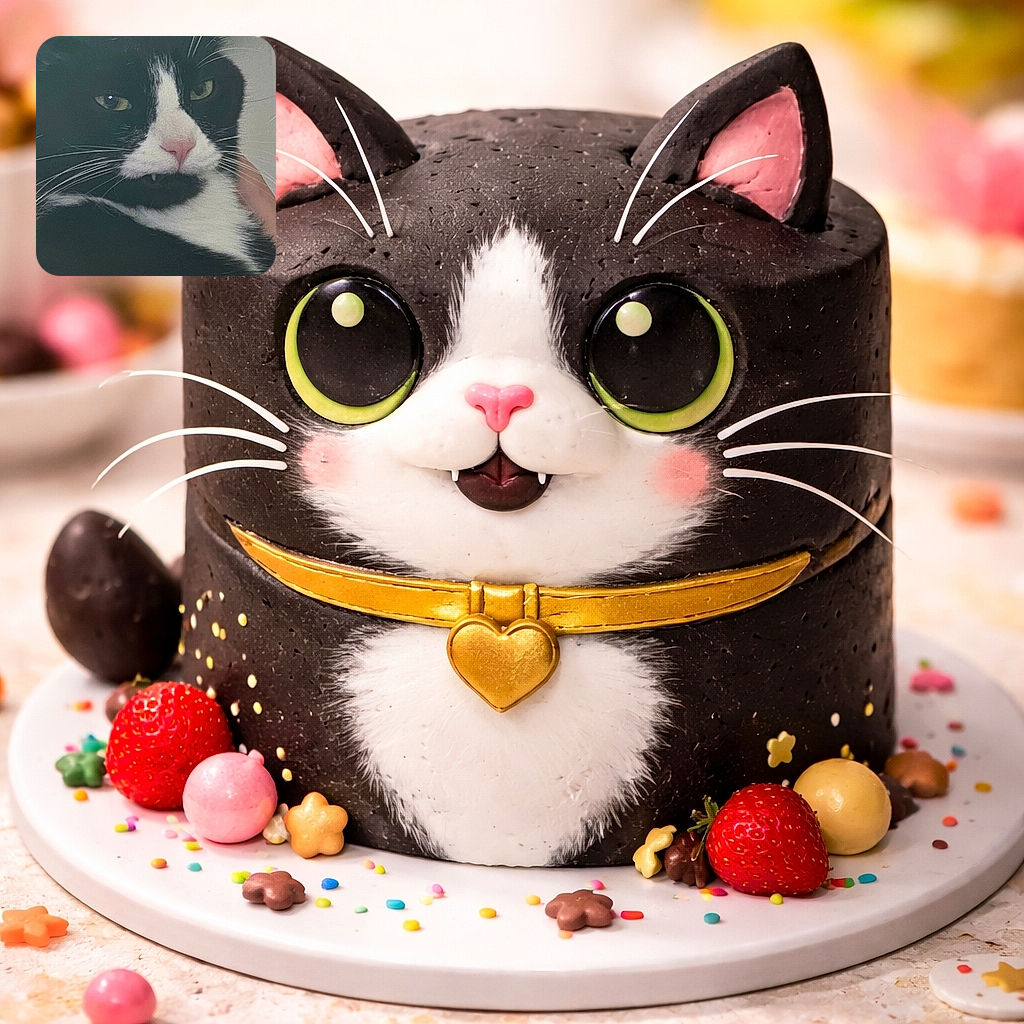 A close-up photo of a black and white cat with a pink nose and yellow-green eyes, looking slightly sleepy or unimpressed, with whiskers prominently visible and a soft background.