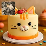 A cream-colored cat with orange markings is sitting on a patterned carpet next to a couch, looking slightly downward with a calm expression, in a cozy indoor setting.