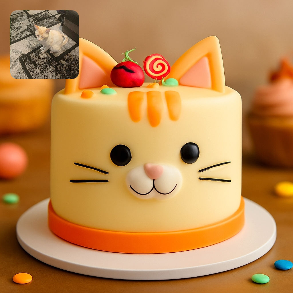 A cream-colored cat with orange markings is sitting on a patterned carpet next to a couch, looking slightly downward with a calm expression, in a cozy indoor setting.