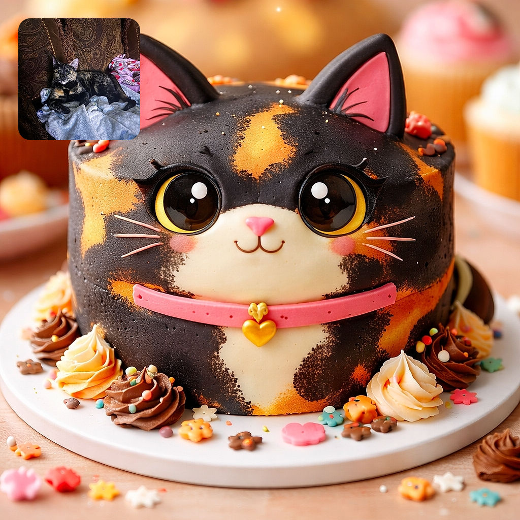 A wide-eyed tortoiseshell cat lounges like royalty on a paisley couch, plotting world domination between naps. Plush pillows and fuzzy blankets create the perfect throne while the cat stares into the camera with equal parts curiosity and judgement — clearly the household CEO of comfort.