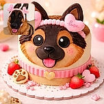 A charming German Shepherd wearing a fluffy pink headband with heart-shaped decorations that say 'love', looking straight at the camera with a happy expression and tongue out, set against a simple indoor background.