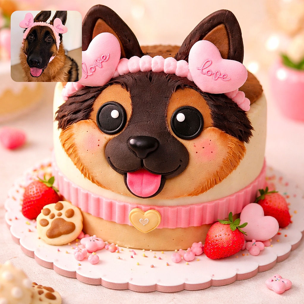 A charming German Shepherd wearing a fluffy pink headband with heart-shaped decorations that say 'love', looking straight at the camera with a happy expression and tongue out, set against a simple indoor background.