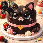 A blurry close-up of a black cat wearing a collar, seemingly caught mid-lick, with a cluttered indoor background featuring various household items and a slipper.