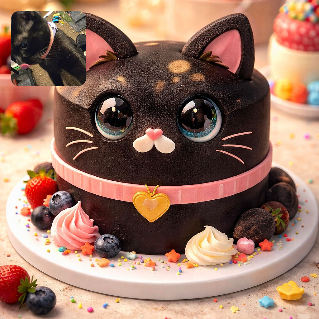 A blurry close-up of a black cat wearing a collar, seemingly caught mid-lick, with a cluttered indoor background featuring various household items and a slipper.