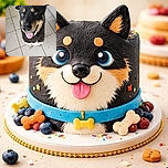 A happy dog with striking heterochromia eyes looks up eagerly with its tongue out, standing on a tiled floor with some scattered debris and cables in the background.