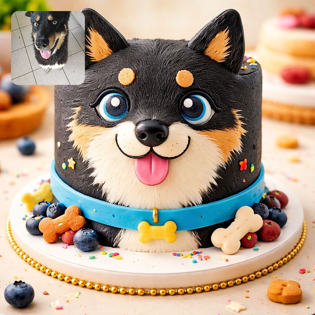 A happy dog with striking heterochromia eyes looks up eagerly with its tongue out, standing on a tiled floor with some scattered debris and cables in the background.