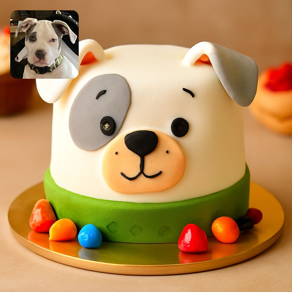 A close-up photo of a white dog with black patches around one eye and ears flopped down, wearing a camouflage collar, looking calmly at the camera with a slightly blurred background of indoor furniture.