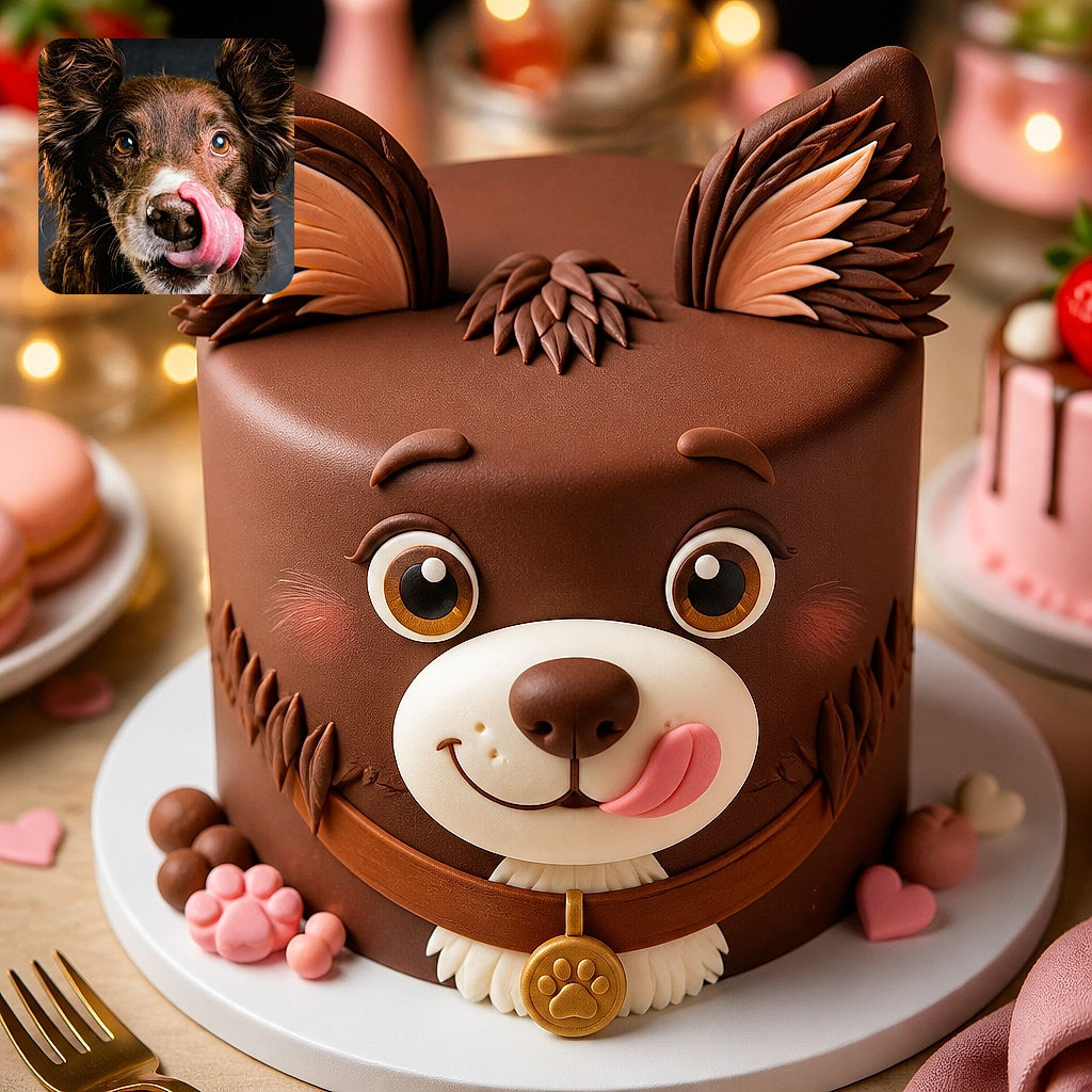A wonderfully goofy, close-up dog portrait catches a brown, floppy-eared superstar mid-lick, its enormous pink tongue curling across its nose like it just discovered the world’s tastiest secret. Dramatic lighting and bright eyes make this furry comedian look ready for a snack commercial.