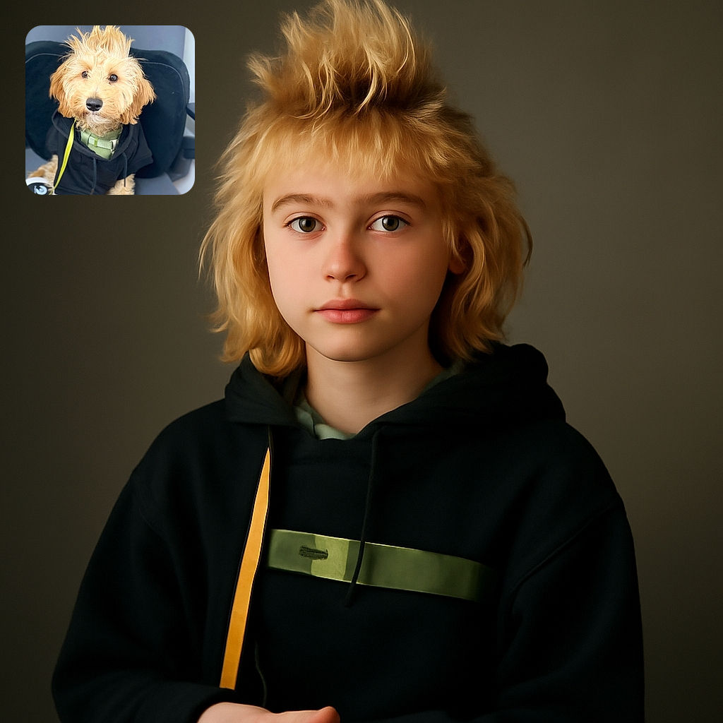 A charming fluffy dog with a wild hairdo wearing a black hoodie, sitting on a chair with a curious and adorable expression, ready for a casual day out or a photo shoot.