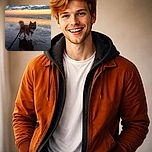 A fluffy dog on a leash stands on a wet beach at sunset, with the sky painted in stunning hues of orange and blue. The dog's happy expression and wagging tail reflect pure joy as it enjoys the serene seaside moment, its reflection shimmering on the wet sand.