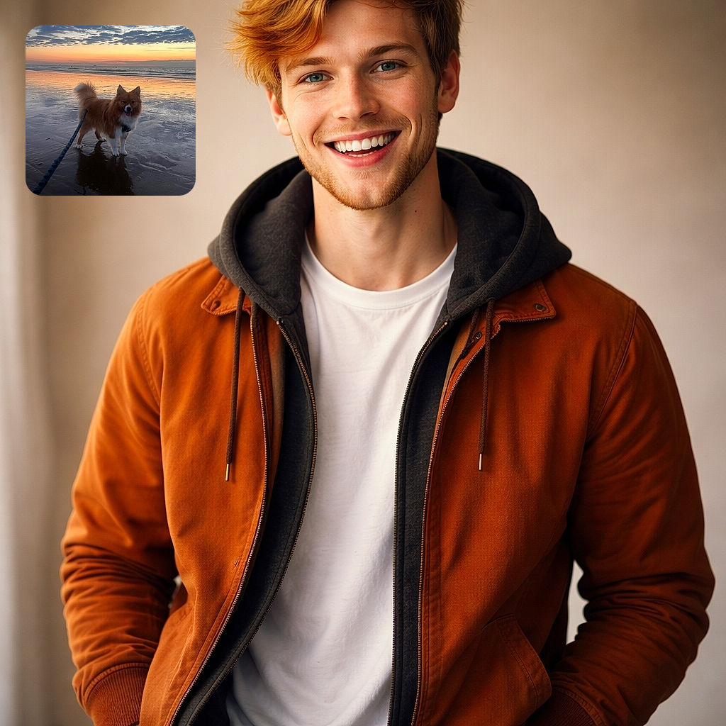 A fluffy dog on a leash stands on a wet beach at sunset, with the sky painted in stunning hues of orange and blue. The dog's happy expression and wagging tail reflect pure joy as it enjoys the serene seaside moment, its reflection shimmering on the wet sand.