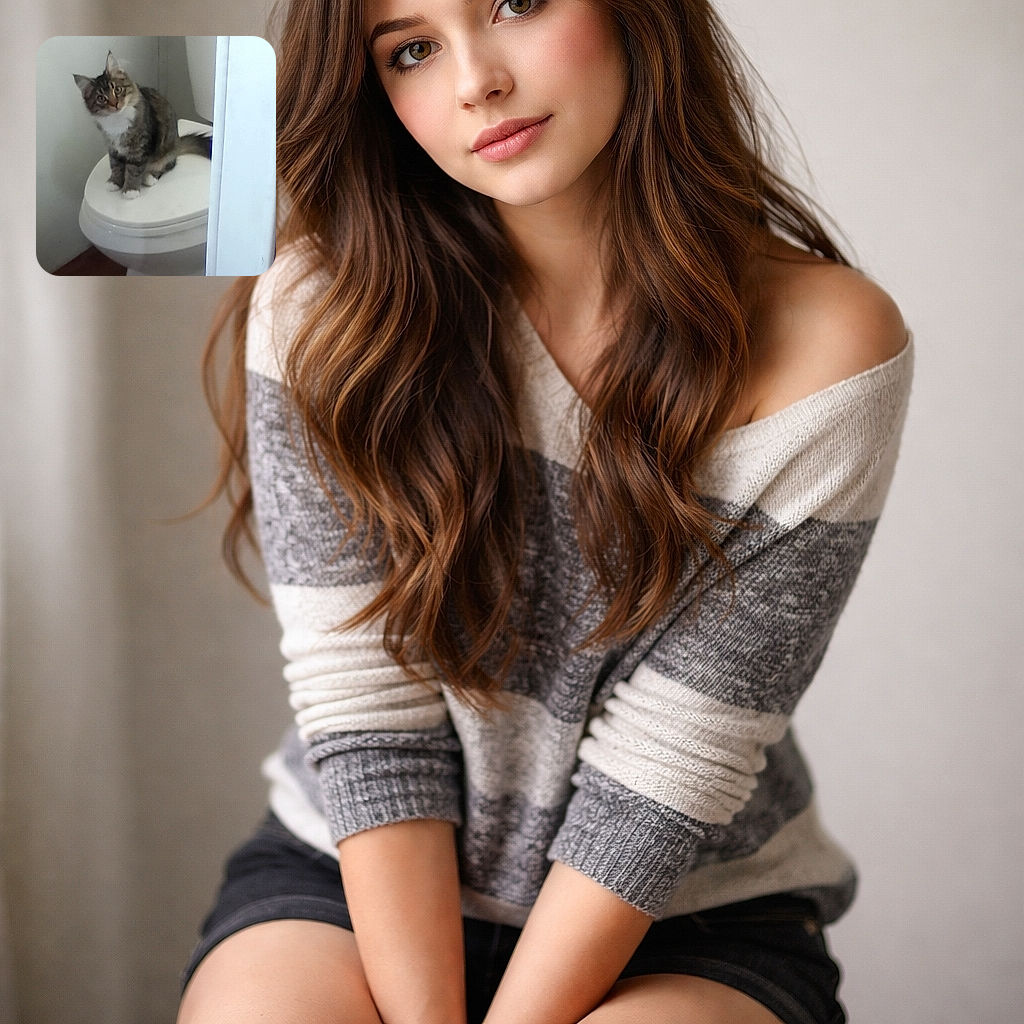 A fluffy tabby cat has claimed the throne — literally sitting on a toilet lid with a curious head tilt, big whiskers and a regal air despite the slightly soft focus. Bathroom scene with white fixtures and a peek of the doorway; very dignified, very silly.