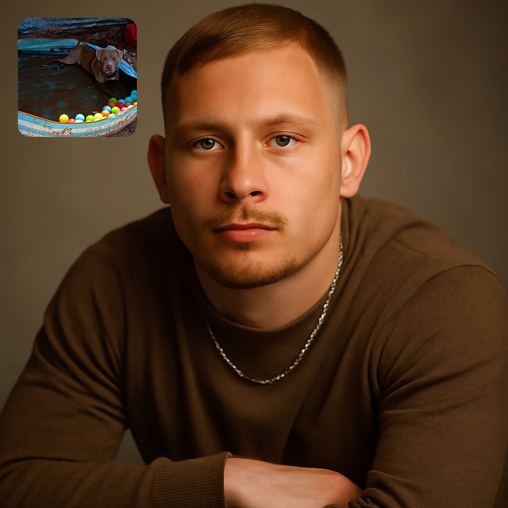 A serious-looking dog lounges in a small, worn kiddie pool filled with colorful plastic balls, set outdoors on dirt with a corrugated metal backdrop and a red container nearby.