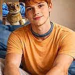 A curious ginger tabby hogs the frame like it pays rent—huge round eyes, whiskers on full display, and tiny paws draped over a lap while a blurred human snoozes in the background. Cozy bedroom vibes and unstoppable feline charisma.